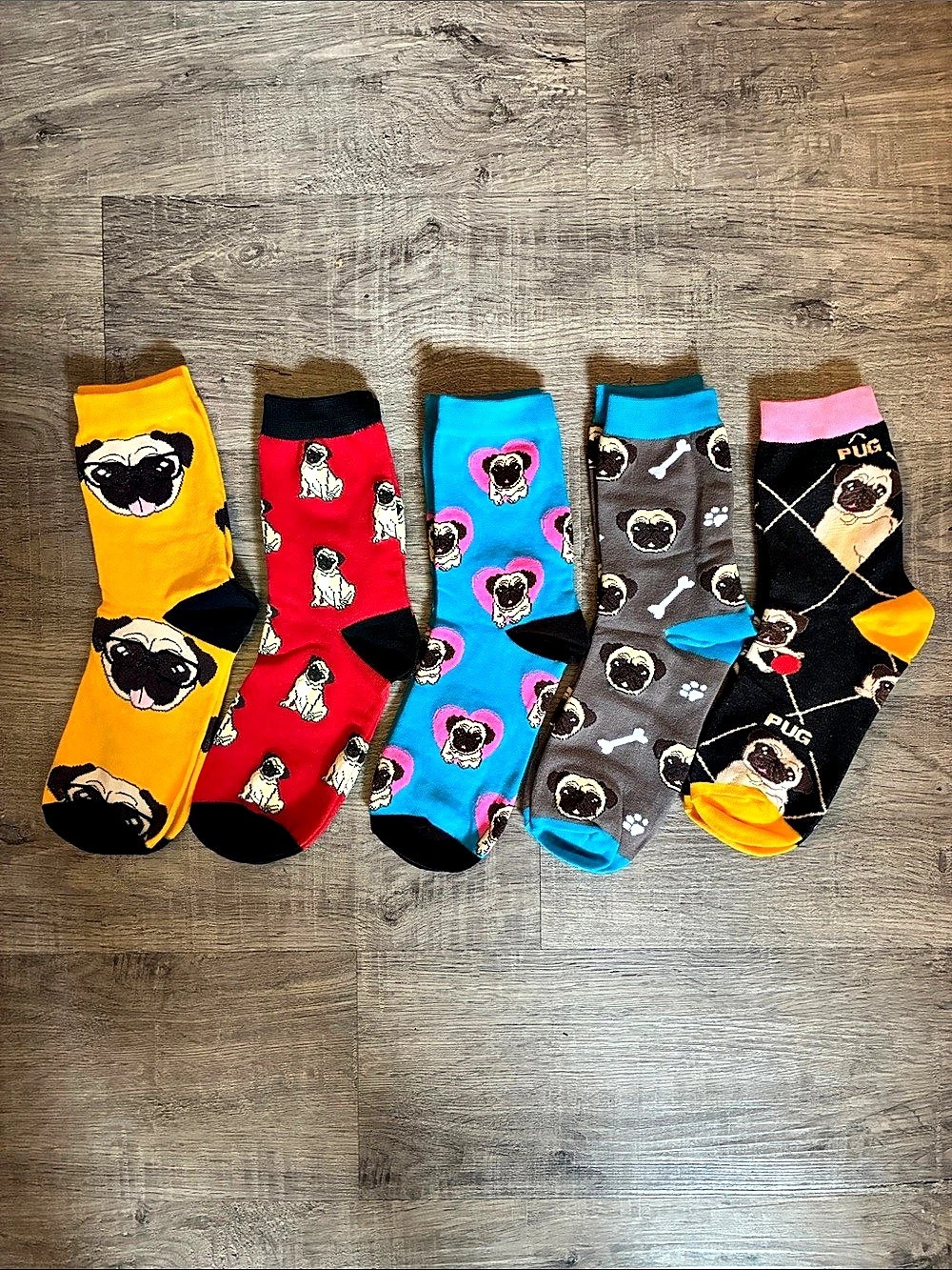 Pug Pattern Crew Socks 5-Pair Set